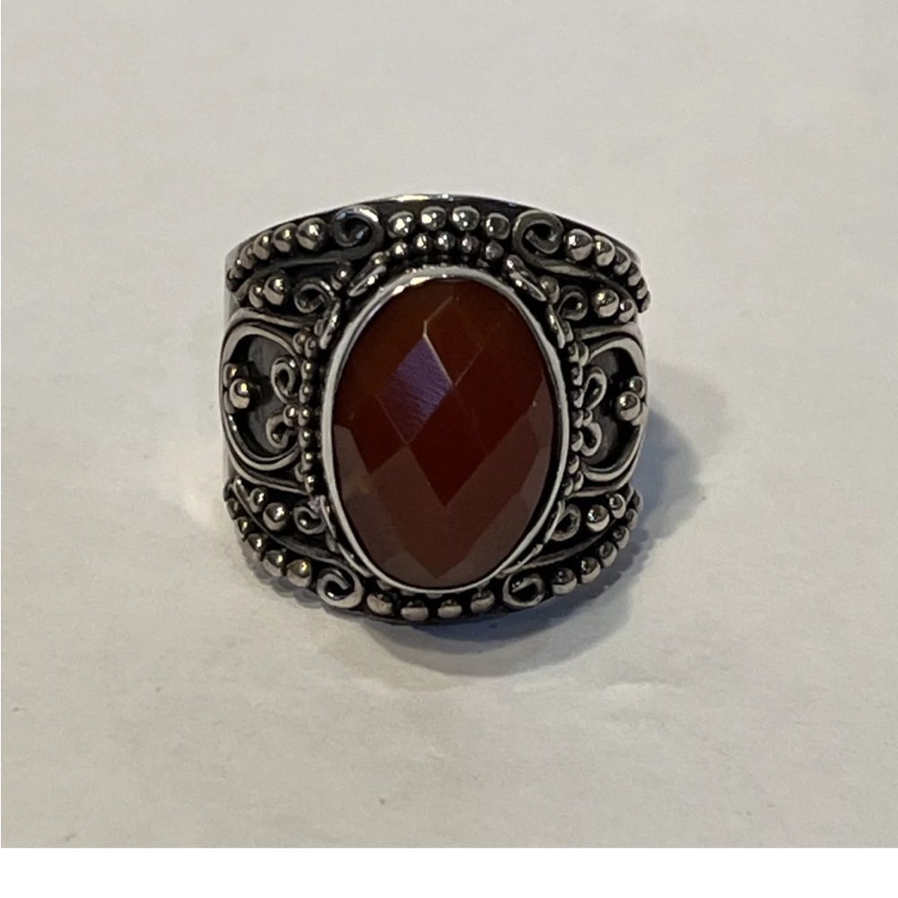 Vintage Designer BA Suarti Sterling Silver Ring with faceted orange stone Size 7